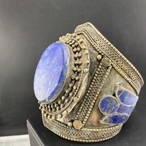 Vintage Cuff Bracelet Tribal Silver Tone Wide Lapis 7"
